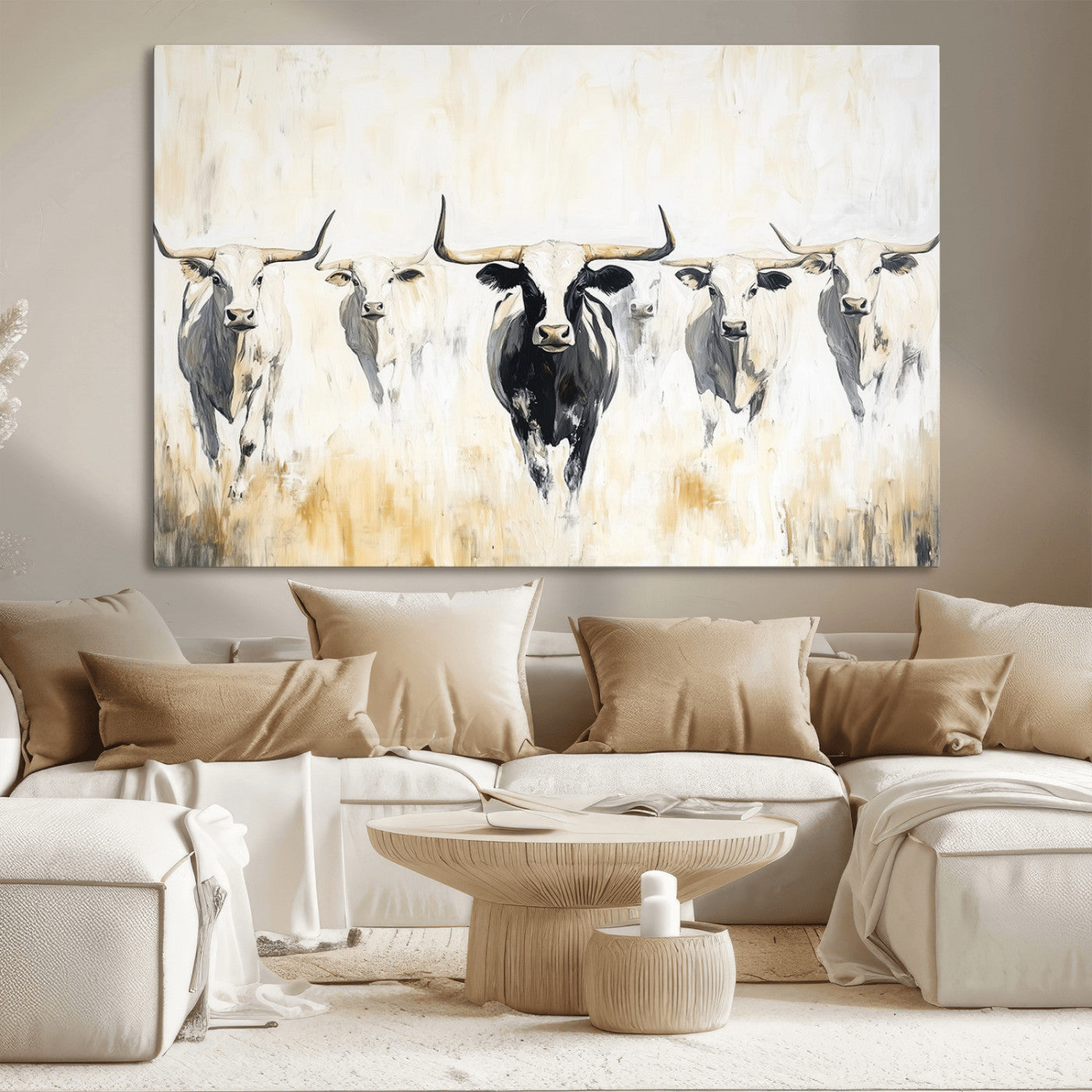 40397799-MGV-CV-36X24-Texas Longhorn Wall Art Canvas Print, Framed Rustic Herd Art Picture Print, Western Bull Perfect Neutral Western Decor Artwork