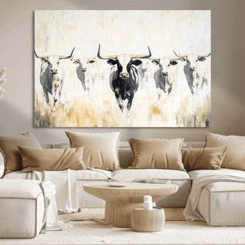 40397799-MGV-CV-36X24-Texas Longhorn Wall Art Canvas Print, Framed Rustic Herd Art Picture Print, Western Bull Perfect Neutral Western Decor Artwork