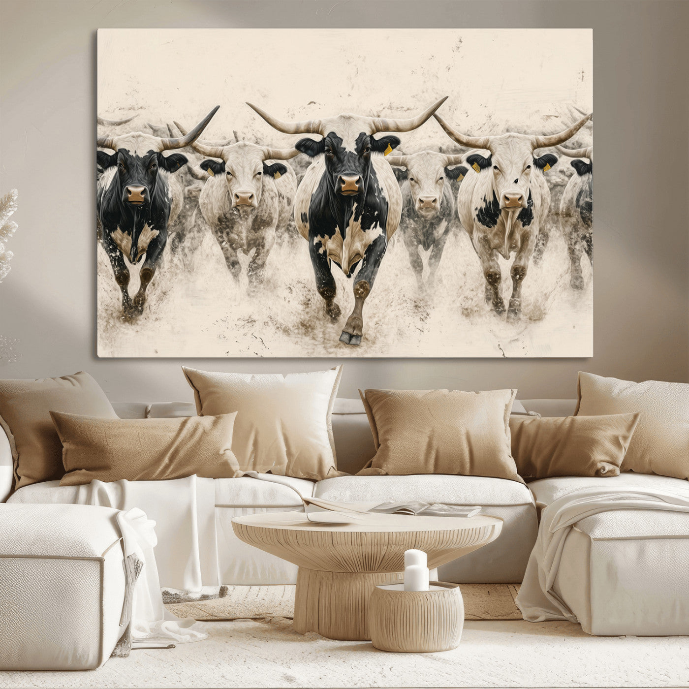 61538944-MGV-CV-36X24-Texas Longhorn Wall Art Canvas Print, Framed Cattles Walking Art Picture Print, Black White Bulls Perfect Rustic Western Decor