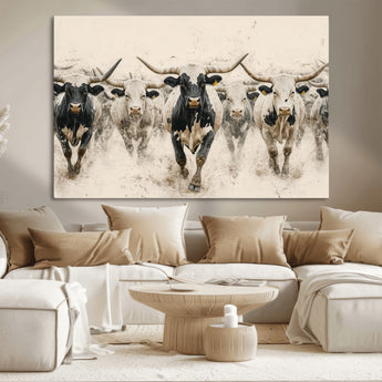 61538944-MGV-CV-36X24-Texas Longhorn Wall Art Canvas Print, Framed Cattles Walking Art Picture Print, Black White Bulls Perfect Rustic Western Decor
