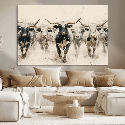 61538944-MGV-CV-36X24-Texas Longhorn Wall Art Canvas Print, Framed Cattles Walking Art Picture Print, Black White Bulls Perfect Rustic Western Decor