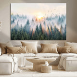 92718976-MGV-CV-36X24-Misty Forest Wall Art Canvas Print, Framed Sunrise Pines Art Picture Print, Foggy Woodland Perfect Moody Woodland Decor Artwork