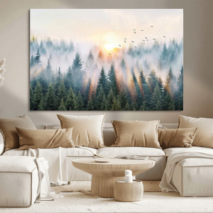 92718976-MGV-CV-36X24-Misty Forest Wall Art Canvas Print, Framed Sunrise Pines Art Picture Print, Foggy Woodland Perfect Moody Woodland Decor Artwork