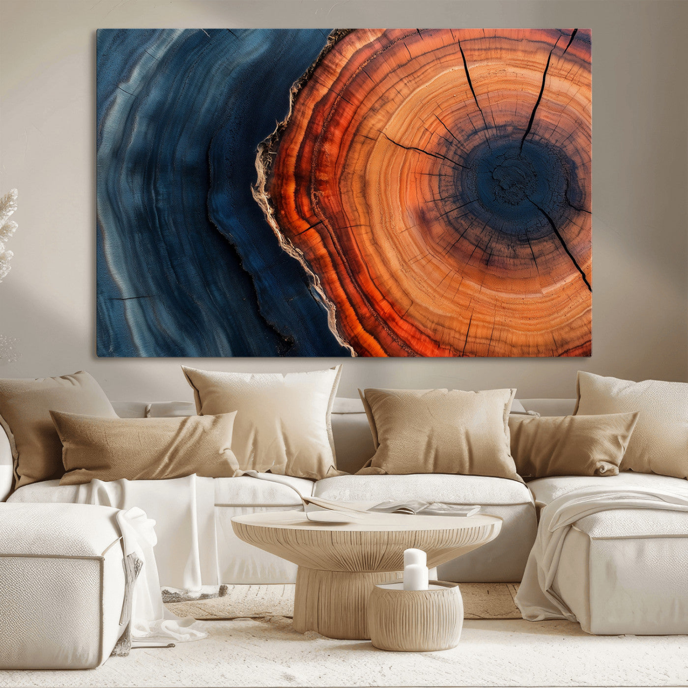 57732250-MGV-CV-36X24-Tree Ring Abstract Wall Art – Blue Orange Wood Grain Canvas Print, Modern Rustic Nature Artwork for Living Room, Office,