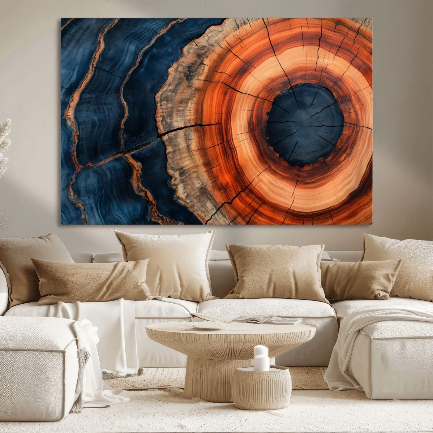 41123192-MGV-CV-36X24-Tree Ring Canvas Wall Art – Abstract Blue Orange Wood Grain Print, Rustic Modern Nature Artwork for Living Room, Bedroom, Office