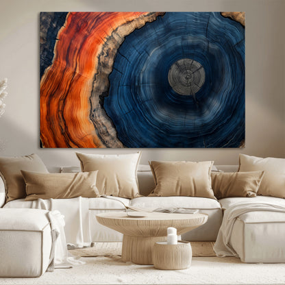 99491700-MGV-CV-36X24-Tree Ring Canvas Wall Art – Blue Orange Abstract Wood Grain Print, Rustic Modern Nature Artwork for Living Room, Office, Bedroom