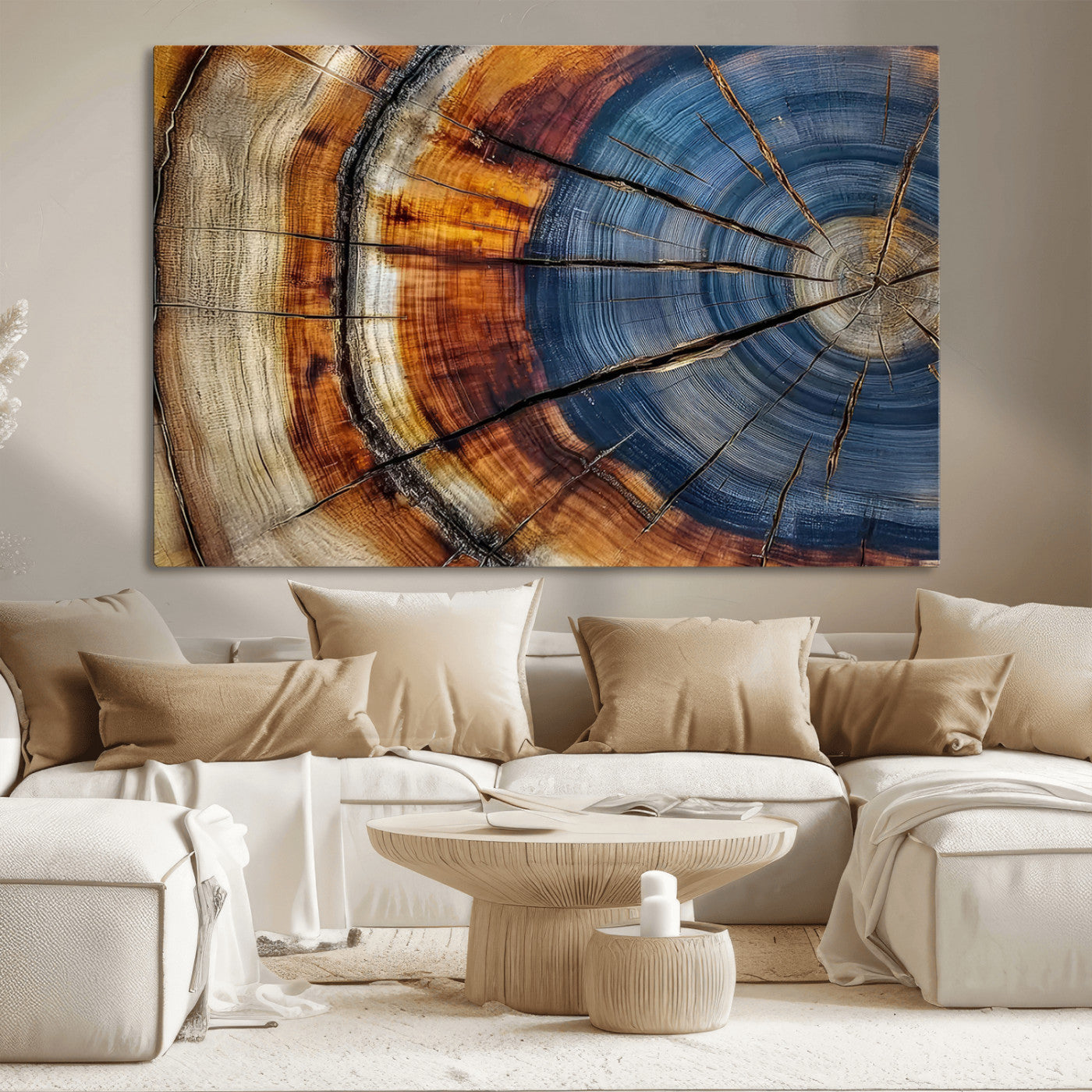 18032999-MGV-CV-36X24-Tree Ring Wall Art – Blue Brown Abstract Wood Slice Canvas Print, Rustic Modern Nature Decor for Living Room, Office, Bedroom or