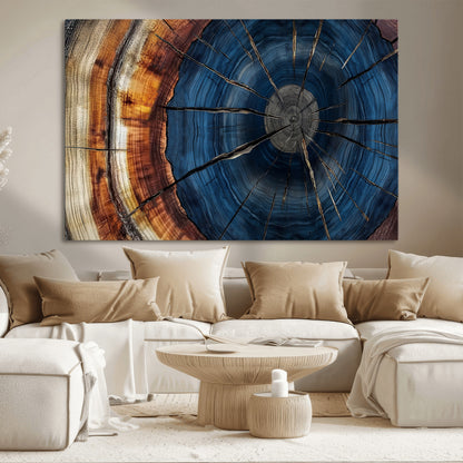60099360-MGV-CV-36X24-Blue Tree Ring Wall Art – Rustic Wood Grain Canvas Print, Modern Abstract Artwork with Natural Texture for Living Room, Bedroom,