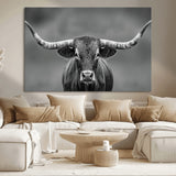 81228550-MGV-CV-36X24-Framed Texas Longhorn Bull Art Canvas Print, Western Bull Wall Art Print, Long Horn Bull Photo Print for Log Cabin, Large Bull
