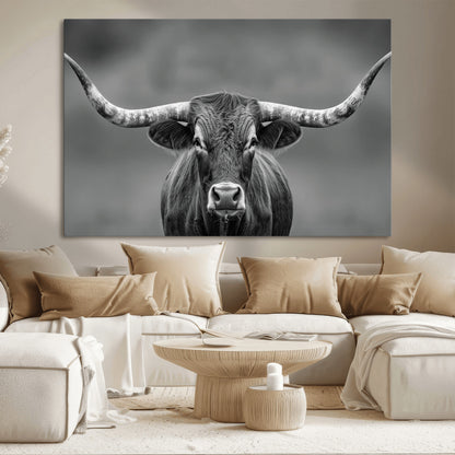 81228550-MGV-CV-36X24-Framed Texas Longhorn Bull Art Canvas Print, Western Bull Wall Art Print, Long Horn Bull Photo Print for Log Cabin, Large Bull