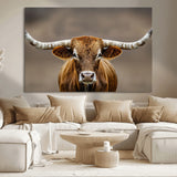 12179171-MGV-CV-36X24-Texas Longhorn Wall Art Canvas Print, Framed Brown Bull Art Picture Print, Lone Cattle Perfect Rustic Western Decor Artwork
