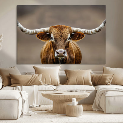 12179171-MGV-CV-36X24-Texas Longhorn Wall Art Canvas Print, Framed Brown Bull Art Picture Print, Lone Cattle Perfect Rustic Western Decor Artwork