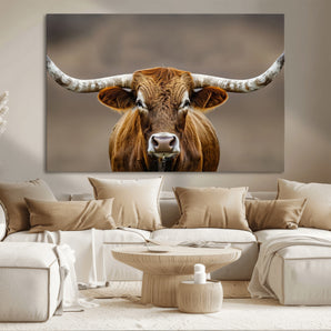 12179171-MGV-CV-36X24-Texas Longhorn Wall Art Canvas Print, Framed Brown Bull Art Picture Print, Lone Cattle Perfect Rustic Western Decor Artwork