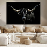37531960-MGV-CV-36X24-Black Longhorn Bull Wall Art – Dramatic Western Cattle Canvas Print, Rustic Farmhouse Animal Artwork for Living Room, Bedroom,