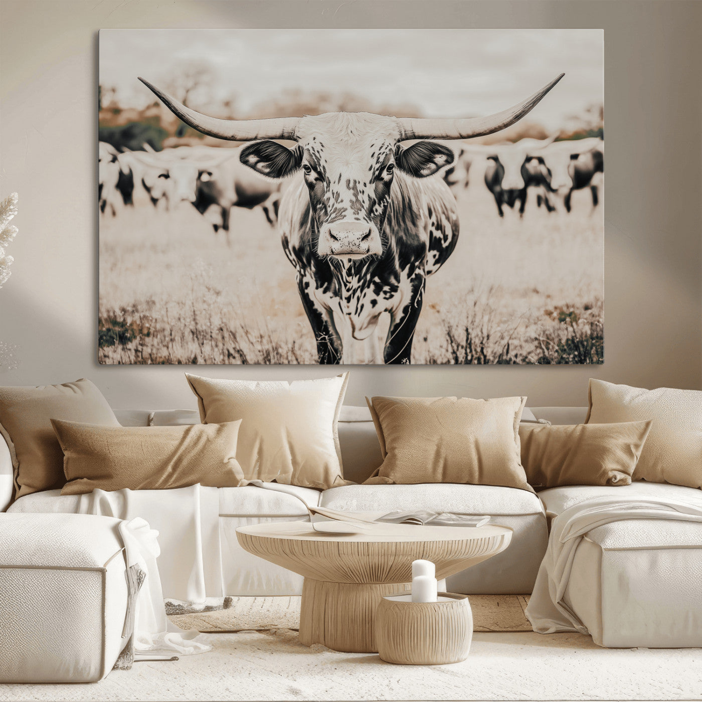 27497342-MGV-CV-36X24-Texas Longhorn Wall Art Canvas Print, Framed Speckled Cow Art Picture Print, Horned Cattle Perfect Rustic Western Decor Artwork