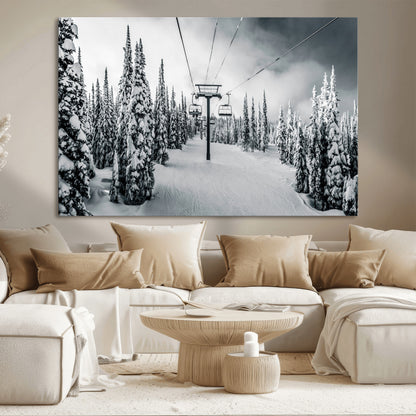 31156828-MGV-CV-36X24-Snowy Pines Wall Art Canvas Print, Framed Ski Lift Art Picture Print, Winter Forest Perfect Moody Lodge Decor Artwork