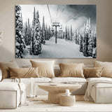 31156828-MGV-CV-36X24-Snowy Pines Wall Art Canvas Print, Framed Ski Lift Art Picture Print, Winter Forest Perfect Moody Lodge Decor Artwork