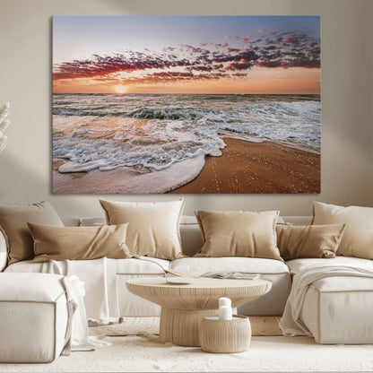 39846389-MGV-CV-36X24-Ocean Sunset Wall Art Canvas Print, Framed Sandy Shore Art Picture Print, Gentle Waves Perfect Minimalist Coastal Decor Artwork