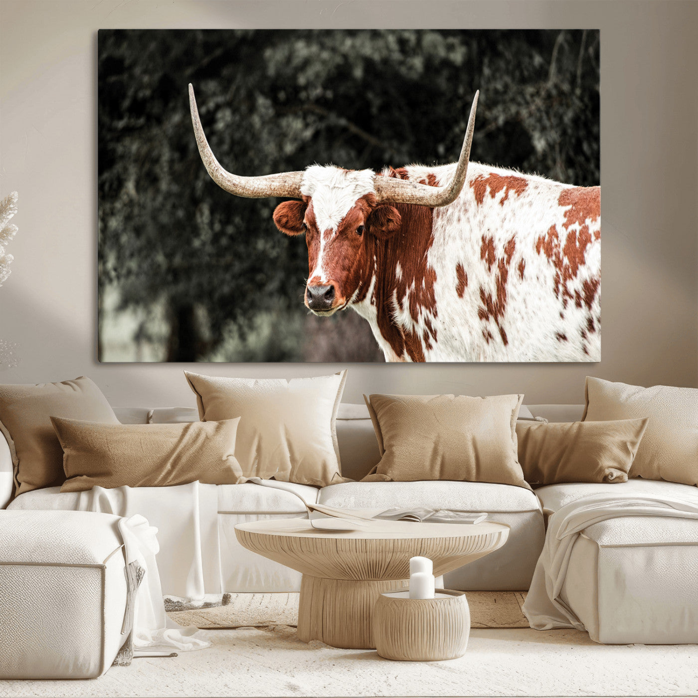 54027638-MGV-CV-36X24-Texas Longhorn Wall Art Canvas Print, Framed Spotted Cow Art Picture Print, Horned Bull Perfect Rustic Western Decor Artwork