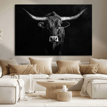 42077175-MGV-CV-36X24-Texas Longhorn Wall Art Canvas Print, Framed Monochrome Bull Art Picture Print, Horned Bull Perfect Rustic Western Decor Artwork