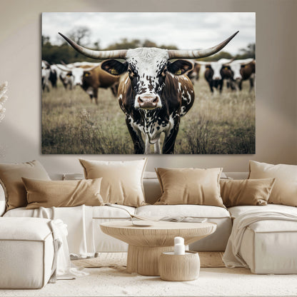 79025945-MGV-CV-36X24-Texas Longhorn Wall Art Canvas Print, Framed Speckled Cow Art Picture Print, Horned Cattle Perfect Rustic Western Decor Artwork