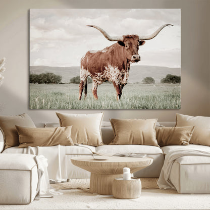 28309012-MGV-CV-36X24-Texas Longhorn Wall Art Canvas Print, Framed Spotted Cattle Art Picture Print, Horned Bull Perfect Rustic Western Decor Artwork