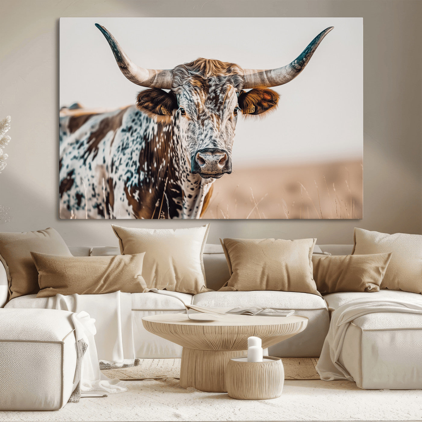 70414966-MGV-CV-36X24-Texas Longhorn Wall Art Canvas Print, Framed Speckled Cow Art Picture Print, Horned Bull Perfect Rustic Western Decor Artwork