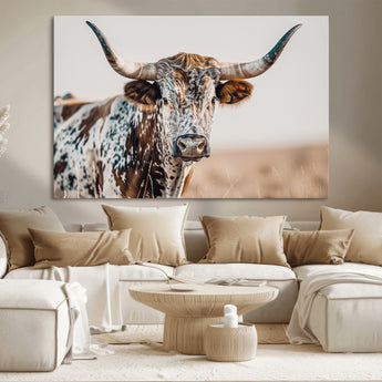 70414966-MGV-CV-36X24-Texas Longhorn Wall Art Canvas Print, Framed Speckled Cow Art Picture Print, Horned Bull Perfect Rustic Western Decor Artwork
