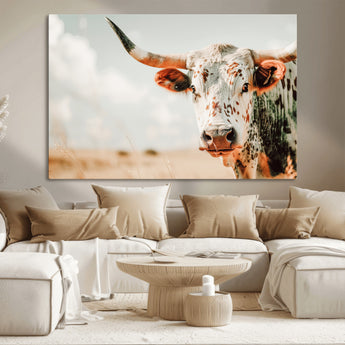 72766375-MGV-CV-36X24-Texas Longhorn Wall Art Canvas Print, Framed Spotted Cow Art Picture Print, Horned Cattle Perfect Rustic Western Decor Artwork
