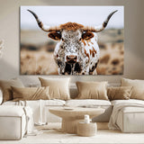 76294381-MGV-CV-36X24-Texas Longhorn Wall Art Canvas Print, Framed Spotted Cow Art Picture Print, Horned Cattle Perfect Rustic Western Decor Artwork