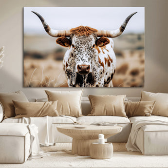 76294381-MGV-CV-36X24-Texas Longhorn Wall Art Canvas Print, Framed Spotted Cow Art Picture Print, Horned Cattle Perfect Rustic Western Decor Artwork