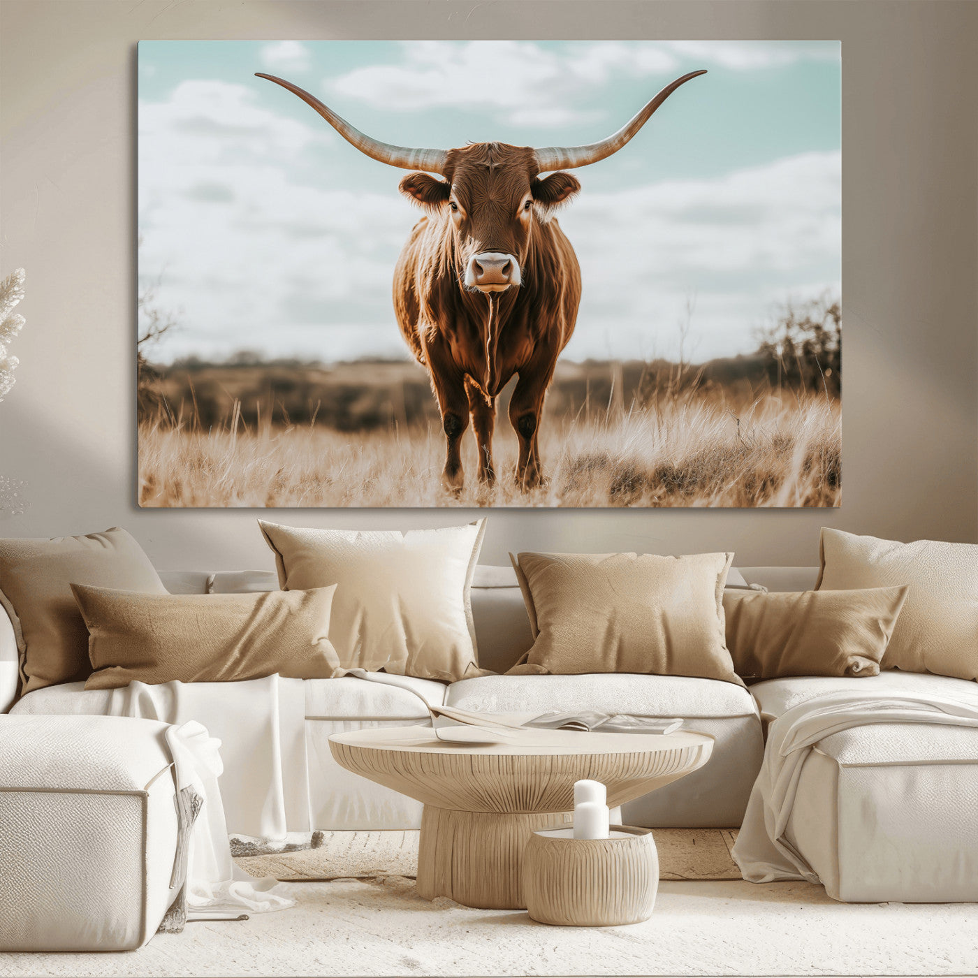 39350715-MGV-CV-36X24-Texas Longhorn Wall Art Canvas Print, Framed Longhorn Cow Art Picture Print, Western Cattle Perfect Rustic Western Decor Artwork