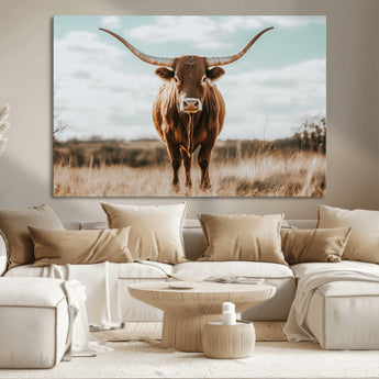 39350715-MGV-CV-36X24-Texas Longhorn Wall Art Canvas Print, Framed Longhorn Cow Art Picture Print, Western Cattle Perfect Rustic Western Decor Artwork