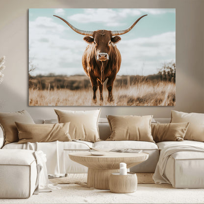 39350715-MGV-CV-36X24-Texas Longhorn Wall Art Canvas Print, Framed Longhorn Cow Art Picture Print, Western Cattle Perfect Rustic Western Decor Artwork