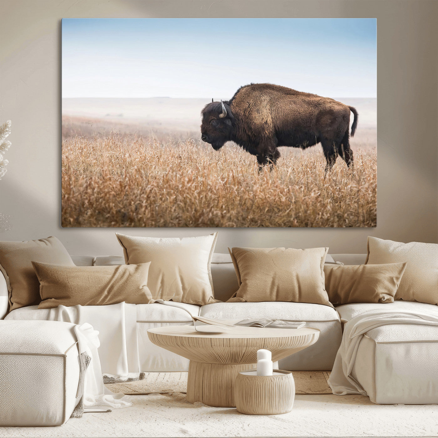 91267849-MGV-CV-36X24-Wild Bison Wall Art Canvas Print, Framed Bison in Prairie Art Picture Print, Rustic Western Perfect Rustic Western Decor Artwork