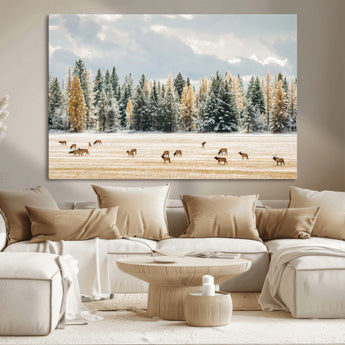 64188182-MGV-CV-36X24-Elk Herd Wall Art Canvas Print, Framed Snowy Forest Art Picture Print, Forest Elks Perfect Neutral Rustic Decor Artwork