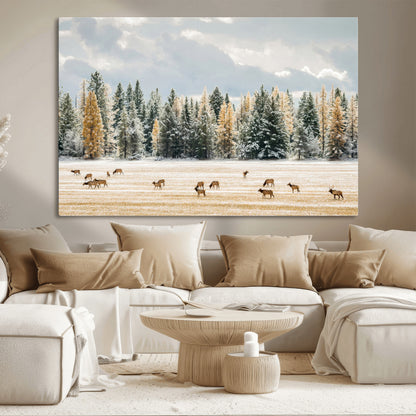 64188182-MGV-CV-36X24-Elk Herd Wall Art Canvas Print, Framed Snowy Forest Art Picture Print, Forest Elks Perfect Neutral Rustic Decor Artwork