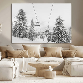 55003599-MGV-CV-36X24-Snowy Ski Lift Wall Art Canvas Print, Framed Winter Forest Art Picture Print, Ski lift Ride Perfect Winter Lodge Decor Artwork