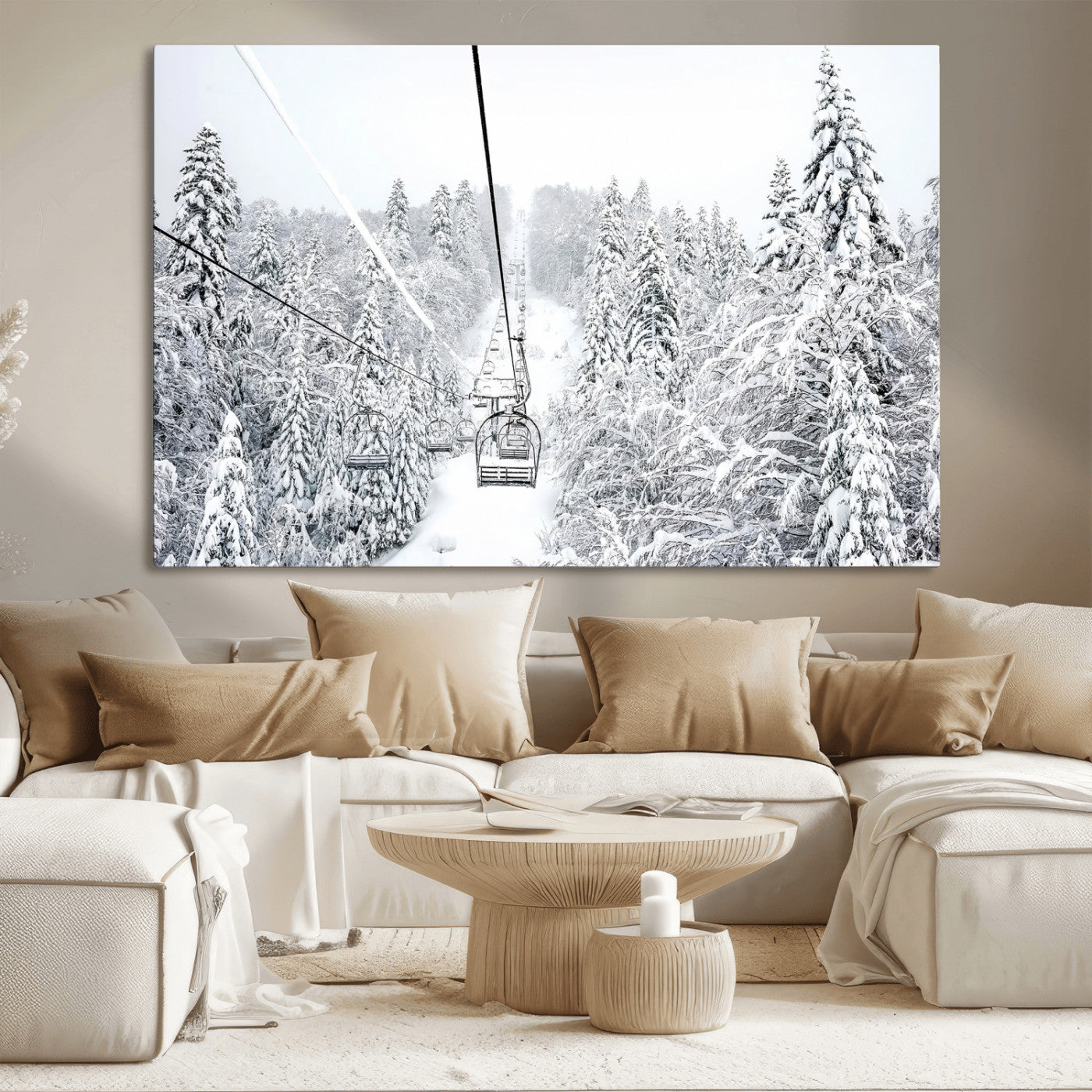 60296839-MGV-CV-36X24-Snowy Mountains Wall Art Canvas Print, Framed Ski Lift Art Picture Print, Winter Forest Perfect Winter Minimalist Decor Artwork