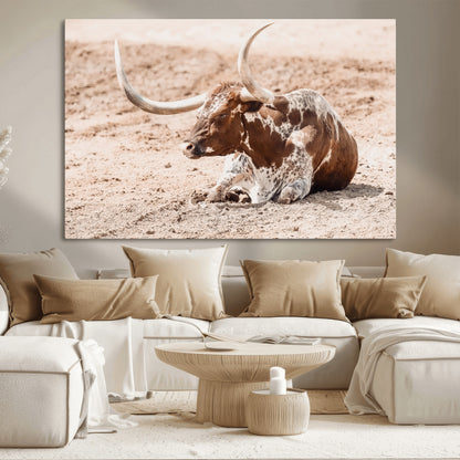 91248682-MGV-CV-36X24-Texas Longhorn Wall Art Canvas Print, Framed Resting Bull Art Picture Print, Spotted Cattle Perfect Rustic Western Decor Artwork