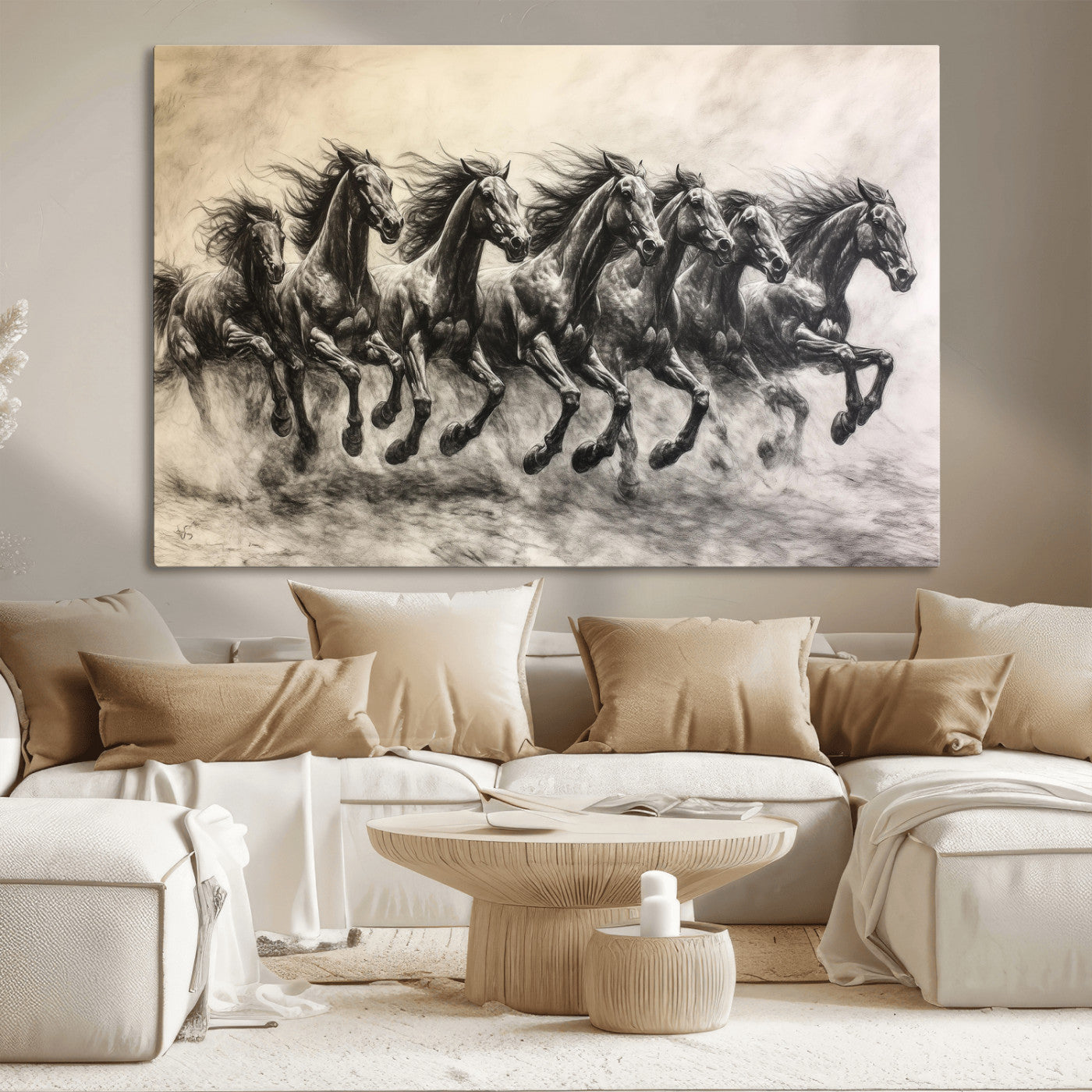 56089591-MGV-CV-36X24-Galloping Horses Wall Art Canvas Print, Framed Wild Stallions Art Picture Print, Horse Herd Sketch Perfect Monochrome Dynamic