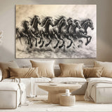 56089591-MGV-CV-36X24-Galloping Horses Wall Art Canvas Print, Framed Wild Stallions Art Picture Print, Horse Herd Sketch Perfect Monochrome Dynamic
