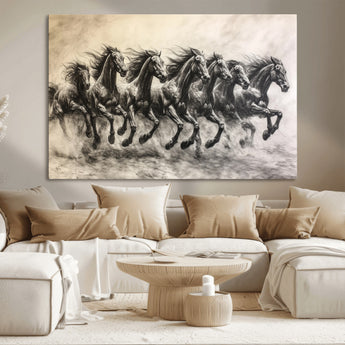 56089591-MGV-CV-36X24-Galloping Horses Wall Art Canvas Print, Framed Wild Stallions Art Picture Print, Horse Herd Sketch Perfect Monochrome Dynamic