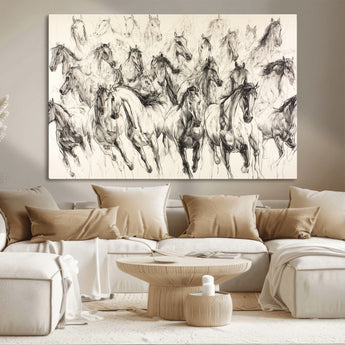 19433417-MGV-CV-36X24-Running Horses Wall Art Canvas Print, Framed Horse Sketch Art Picture Print, Galloping Herd Perfect Monochrome Western Decor
