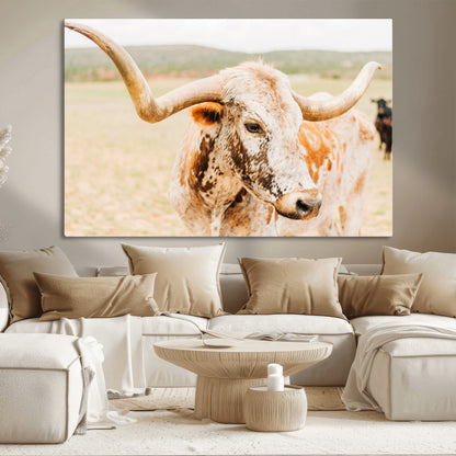 21060648-MGV-CV-36X24-Texas Longhorn Wall Art Canvas Print, Framed Speckled Cow Art Picture Print, Rustic Bull Perfect Rustic Western Decor Artwork