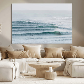 73969318-MGV-CV-36X24-Ocean Waves Wall Art Canvas Print, Framed Surfer Lineup Art Picture Print, Crowded Ocean Perfect Minimal Coastal Decor Artwork