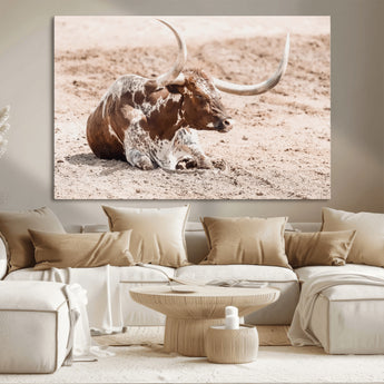 25407592-MGV-CV-36X24-Texas Longhorn Wall Art Canvas Print, Framed Resting Bull Art Picture Print, Spotted Cattle Perfect Rustic Western Decor Artwork