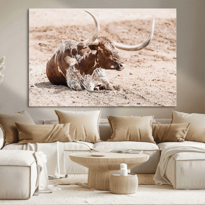 25407592-MGV-CV-36X24-Texas Longhorn Wall Art Canvas Print, Framed Resting Bull Art Picture Print, Spotted Cattle Perfect Rustic Western Decor Artwork