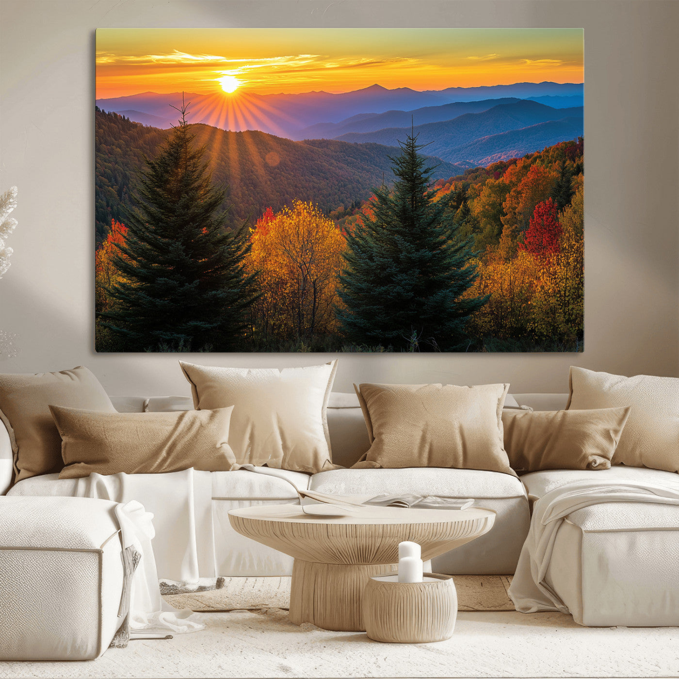 36964931-MGV-CV-36X24-Autumn Mountains Wall Art Canvas Print, Framed Sunset Glow Forest Art Picture Print, Golden Trees Perfect Vibrant Nature Decor