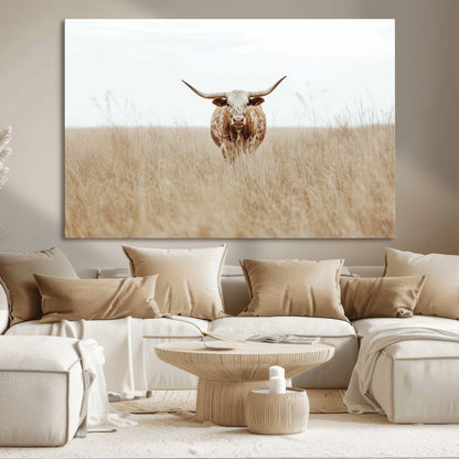 20927060-MGV-CV-36X24-Texas Longhorn Wall Art Canvas Print, Framed Lone Cattle Art Picture Print, Longhorn Bull Perfect Rustic Western Decor Artwork